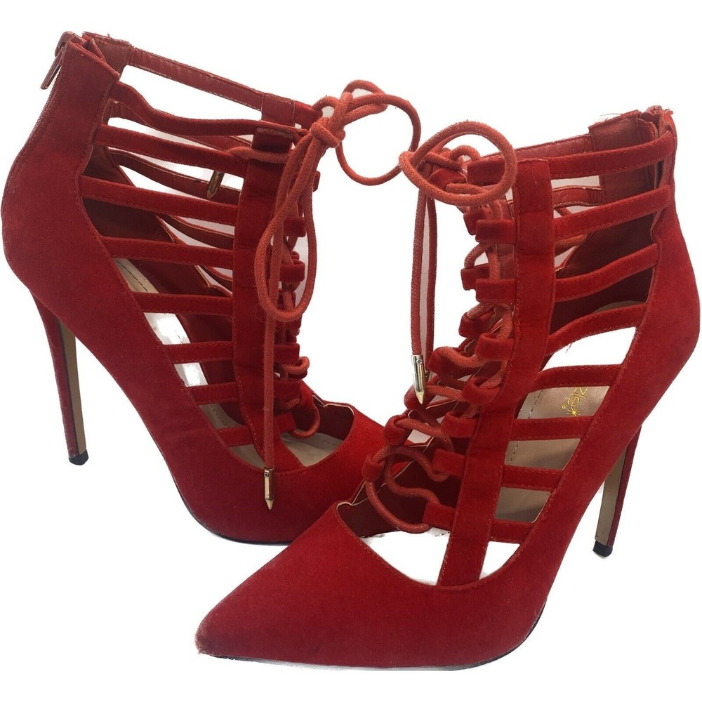 red suede heels Lace Up Pointy Toe Ankle Bootie Size 7